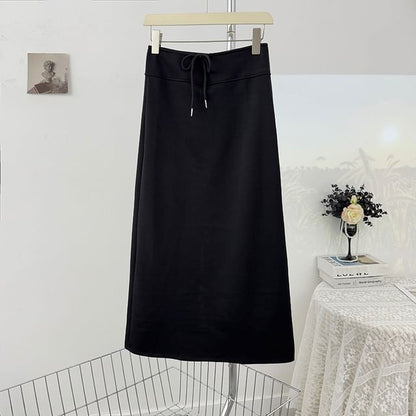 Drawstring Waist Midi A-Line Skirt