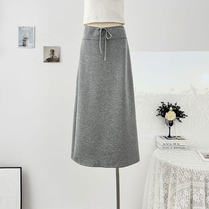 Drawstring Waist Midi A-Line Skirt