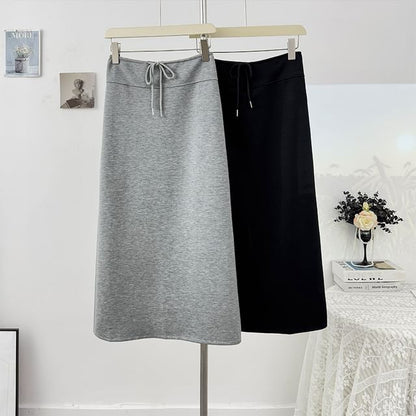Drawstring Waist Midi A-Line Skirt