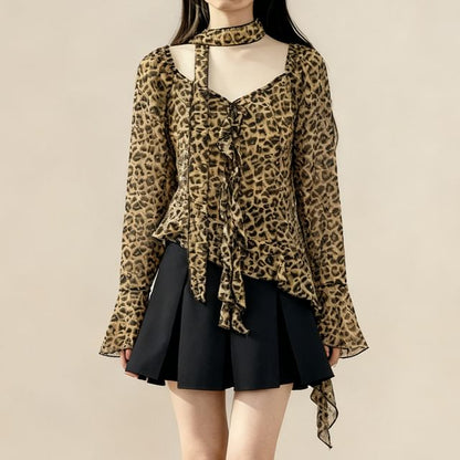 Leopard Print V-Neck Long-Sleeve Shirt