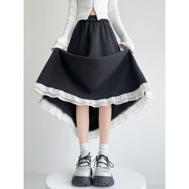 Ruffle Hem Maxi A-Line Skirt with High Waist