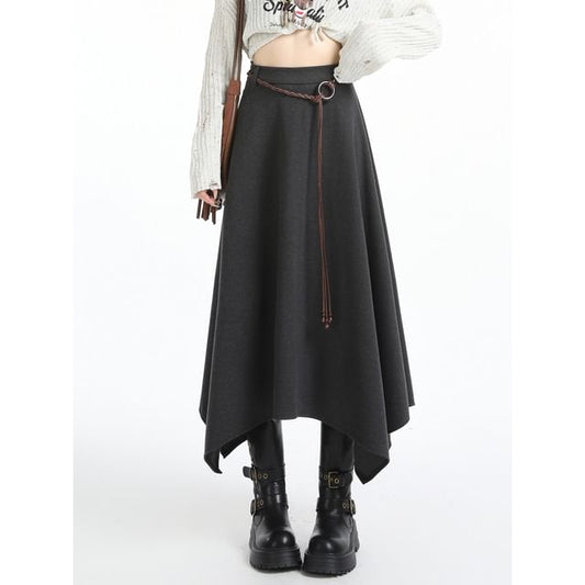 Asymmetrical Midi A-Line Skirt - High Waist