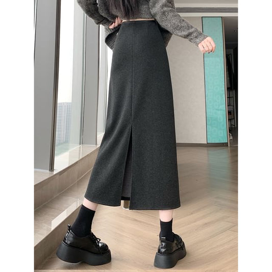 Straight Midi Skirt with Back Slit High Waist