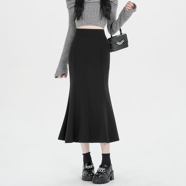 Plain High Waist Mermaid Hem Midi Skirt
