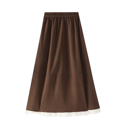 Ruffle Hem Maxi A-Line Skirt with High Waist