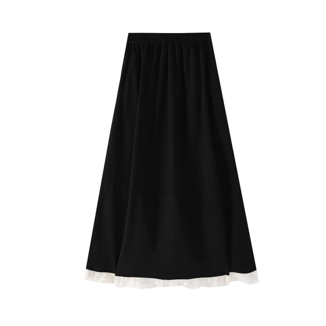 Ruffle Hem Maxi A-Line Skirt with High Waist