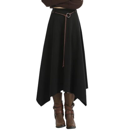 Asymmetrical Midi A-Line Skirt - High Waist