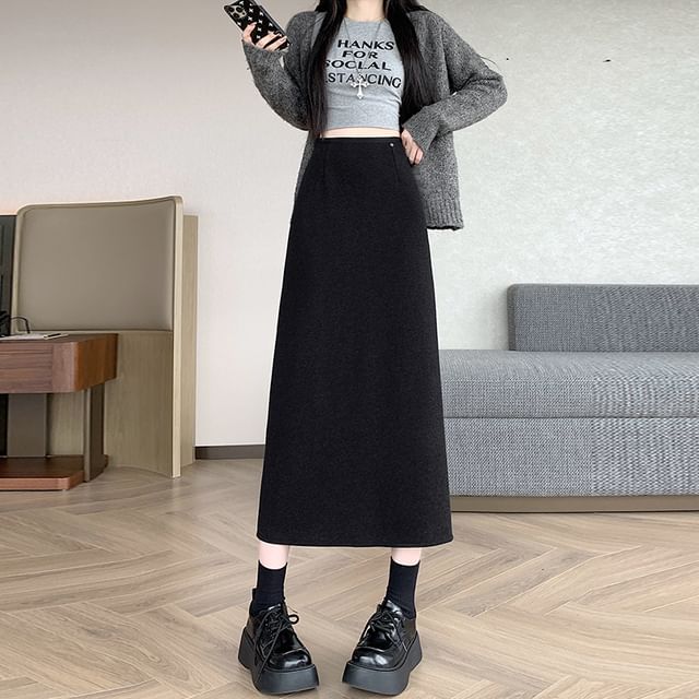 Straight Midi Skirt with Back Slit High Waist