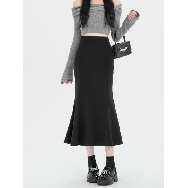 Plain High Waist Mermaid Hem Midi Skirt