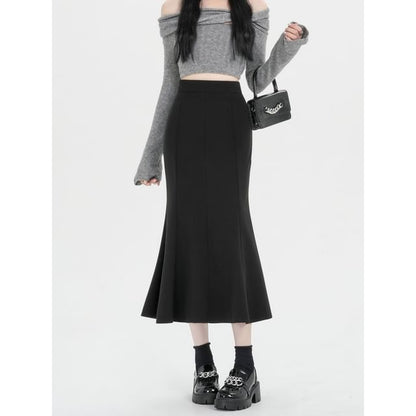 Plain High Waist Mermaid Hem Midi Skirt