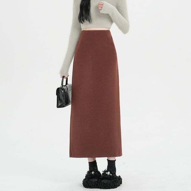 High Rise Solid Back Slit Straight Midi Skirt