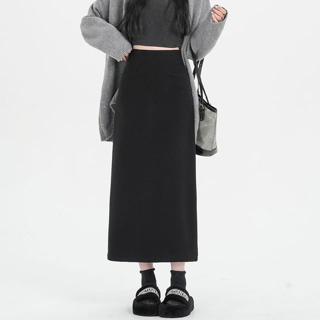 High Rise Solid Back Slit Straight Midi Skirt