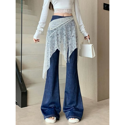 Asymmetric Lace Overlay Bell Bottom Denim Skirt