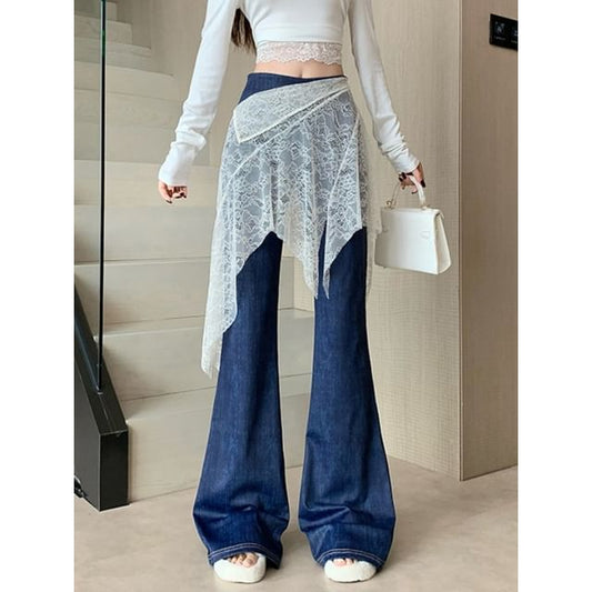 Asymmetric Lace Overlay Bell Bottom Denim Skirt