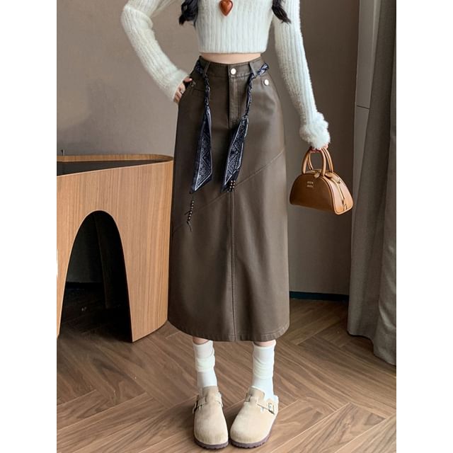 Slit Faux Leather Midi Straight Skirt + Scarf Belt Set