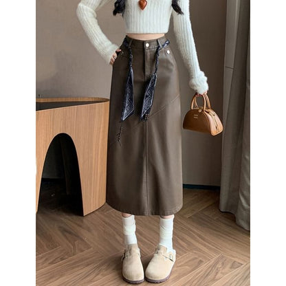 Slit Faux Leather Midi Straight Skirt + Scarf Belt Set
