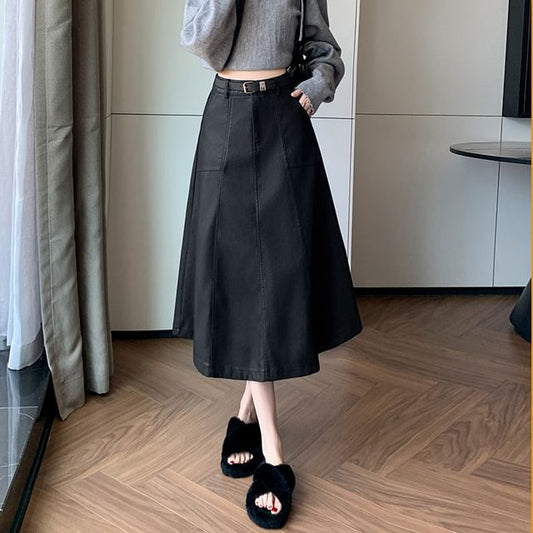 Solid Faux Leather A-Line Midi Skirt High Rise