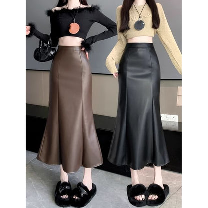 Faux Leather Mermaid Hem Midi Skirt High Waist