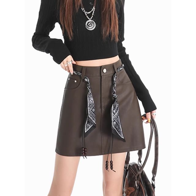 Faux Leather Mini A-Line Skirt with Scarf Belt Set
