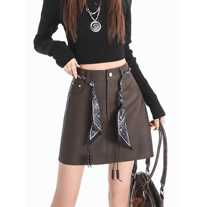 Faux Leather Mini A-Line Skirt with Scarf Belt Set
