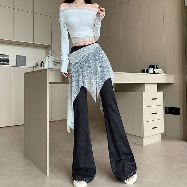 Asymmetric Lace Overlay Bell Bottom Denim Skirt