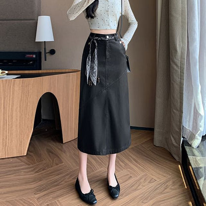 Slit Faux Leather Midi Straight Skirt + Scarf Belt Set