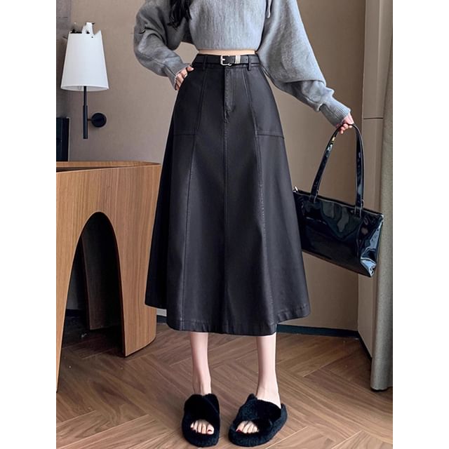 Solid Faux Leather A-Line Midi Skirt High Rise