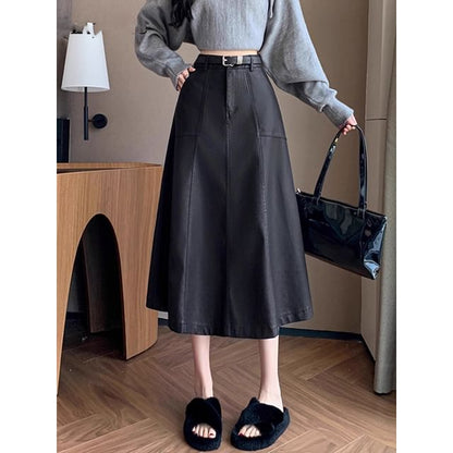 Solid Faux Leather A-Line Midi Skirt High Rise