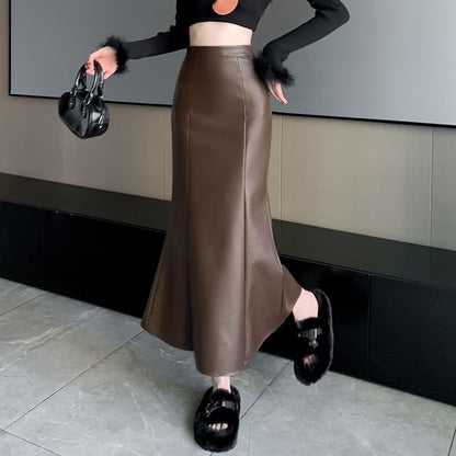 Faux Leather Mermaid Hem Midi Skirt High Waist