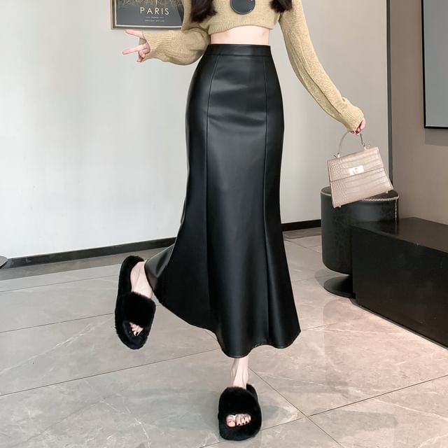 Faux Leather Mermaid Hem Midi Skirt High Waist