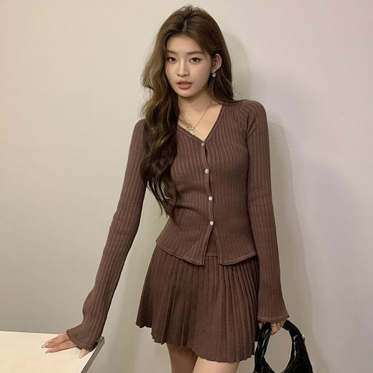 V-Neck Button Cardigan + Pleated Mini Skirt Set High Rise