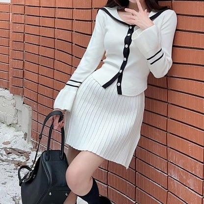 Sailor Collar Contrast Cardigan + Pleated Mini Skirt Set