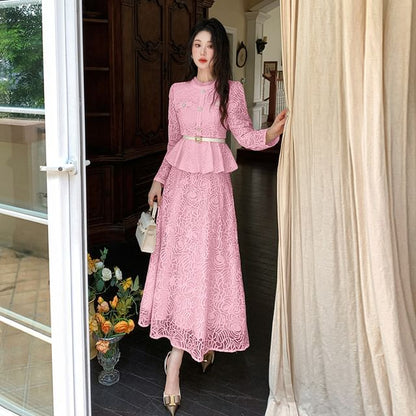 Long Sleeve Stand Collar Lace Peplum Blouse + Maxi Skirt Set