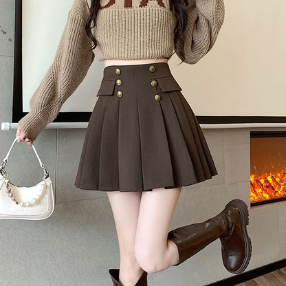 Pleated Mini A-Line Skirt High Waist Solid