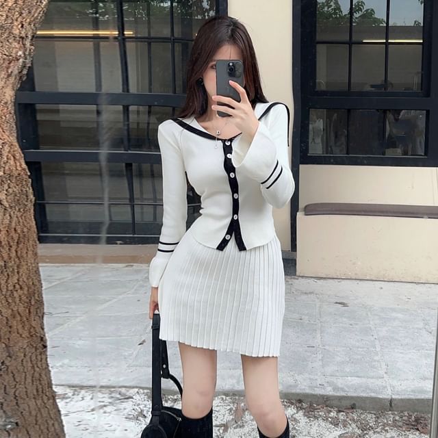 Sailor Collar Contrast Cardigan + Pleated Mini Skirt Set