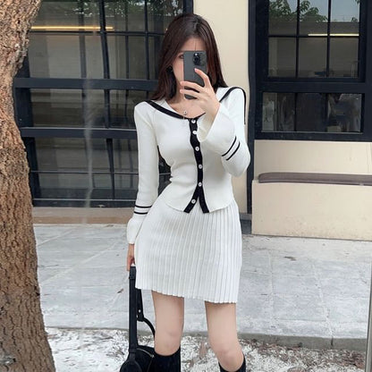 Sailor Collar Contrast Cardigan + Pleated Mini Skirt Set
