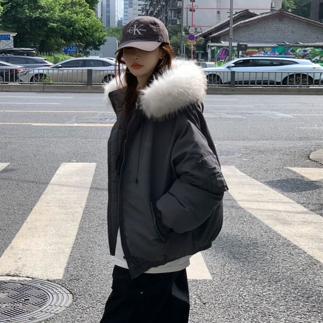 Fluffy Hooded Plain Puffer Bomber Jacket