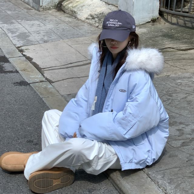 Fluffy Hooded Plain Puffer Bomber Jacket