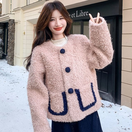 V-Neck Flower Button Teddy Jacket