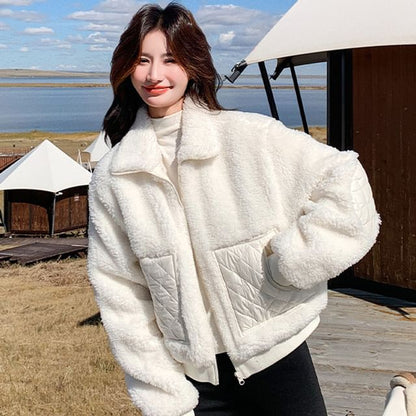 Stand Collar Plain Quilted Panel Zip Teddy Jacket