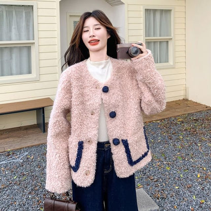 V-Neck Flower Button Teddy Jacket