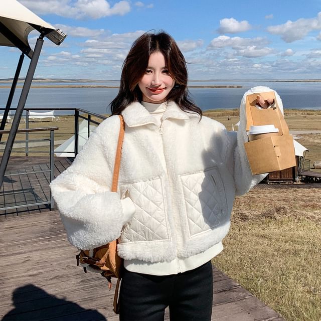 Stand Collar Plain Quilted Panel Zip Teddy Jacket