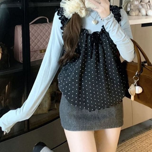 Mockneck Long Top & Dotted Ruffle Roundneck Tank Top Two-Piece