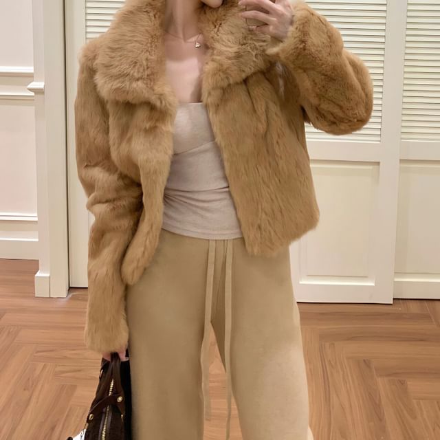 Collared Plain Faux Fur Jacket / Drawstring Waist Plain Knit Straight Leg Pants