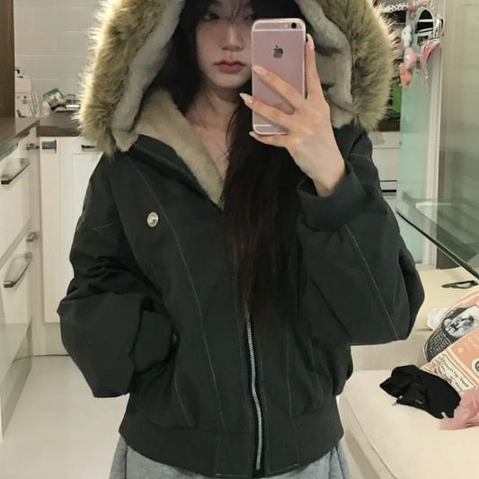 Faux Fur Hooded Zip-Up Padded Jacket