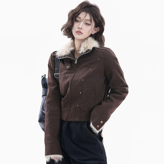 Stand Collar Studded Panel Faux Fur Zip Jacket