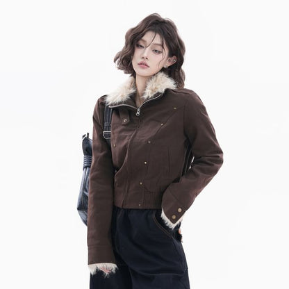 Stand Collar Studded Panel Faux Fur Zip Jacket