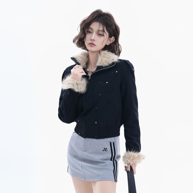 Stand Collar Studded Panel Faux Fur Zip Jacket