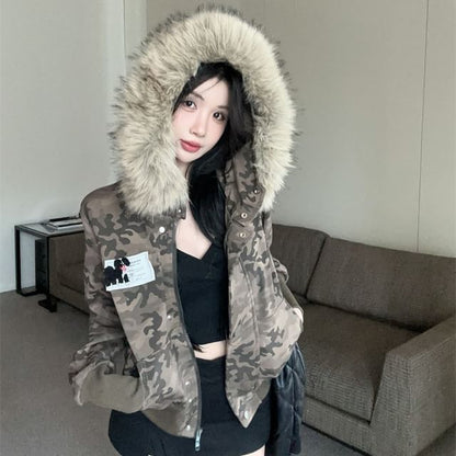 Faux Fur Camouflaged Print Zip-Up Hoodie