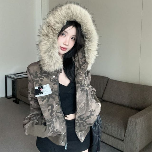 Faux Fur Camouflaged Print Zip-Up Hoodie
